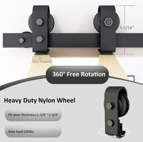 Close-up of Four Door Bi-Fold Sliding Barn Door Hardware Kit in Rustic Black showing top mount folding roller system with nylon wheels.