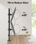 Side view of vertical dual monitor mount with adjustable tilt for two 17 to 32 inch screens using C clamp on desk setup.