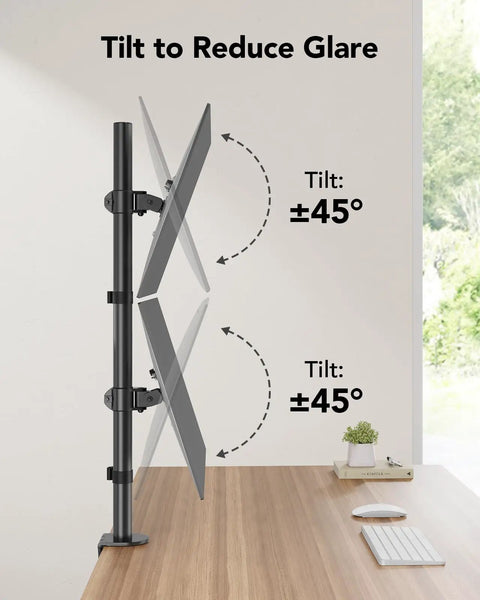 Side view of vertical dual monitor mount with adjustable tilt for two 17 to 32 inch screens using C clamp on desk setup.