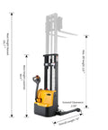 Super Lightweight Full Electric Pallet Forklift Stacker with height measurements for efficient warehousing and maneuverability.