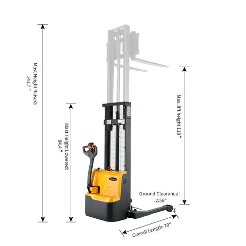 Super Lightweight Full Electric Pallet Forklift Stacker with height measurements for efficient warehousing and maneuverability.