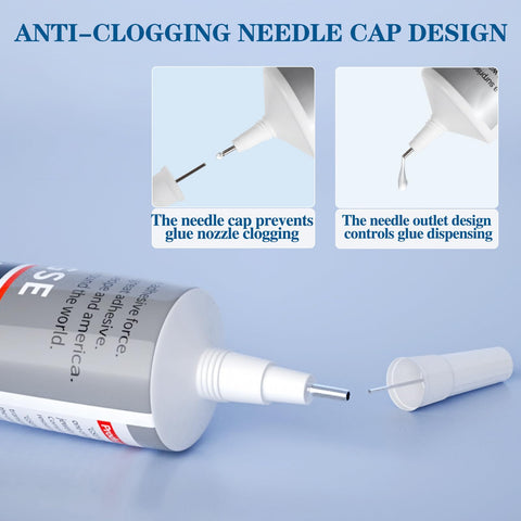 Close-up of Clear B7000 Glue Kit With Precision Tip 110Ml showing anti-clogging needle cap design and glue dispensing features.