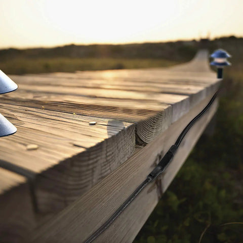 Ace Wire Connector With Fast Curing Heat Shrink on wooden deck for low voltage landscape lighting