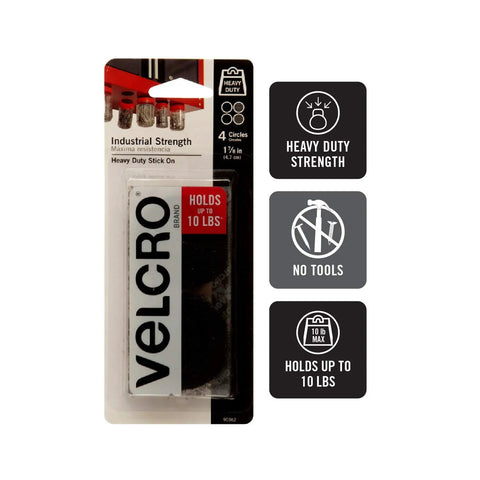 Heavy Duty Industrial Hook And Loop Fasteners With Rock Solid Adhesive Backing Water Resistant Sticky Pads For Indoor And Outdoor Use Tough Circular Disc Strips on package showing 10 lb capacity.