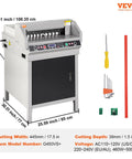VEVOR Heavy Duty Electric Hydraulic Paper Cutter 18 Inch Cutting Width With Four Inch Thick Capacity Industrial Paper Trimmer Machine featuring button control, showing dimensions and accessories.