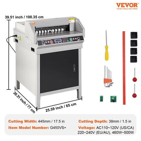 VEVOR Heavy Duty Electric Hydraulic Paper Cutter 18 Inch Cutting Width With Four Inch Thick Capacity Industrial Paper Trimmer Machine featuring button control, showing dimensions and accessories.