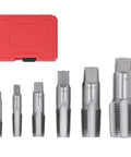 NPT Tap Set Six Piece Carbon Steel Pipe Threading Kit For Auto Shop Fixes Includes One Inch, Three Quarter Inch, One Half Inch, Three Eighth Inch, One Quarter Inch, One Eighth Inch Taps For Clean Starts, Precise Threads And Dependable Threading. Six carbon steel NPT taps in red case