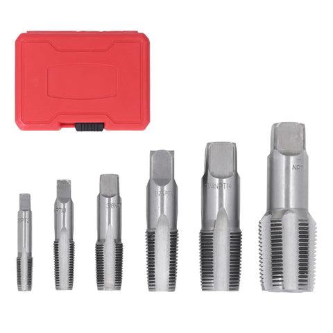 NPT Tap Set Six Piece Carbon Steel Pipe Threading Kit For Auto Shop Fixes Includes One Inch, Three Quarter Inch, One Half Inch, Three Eighth Inch, One Quarter Inch, One Eighth Inch Taps For Clean Starts, Precise Threads And Dependable Threading. Six carbon steel NPT taps in red case