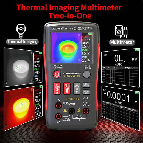 All In One Thermal Imaging And Digital Multimeter For Electricians And HVAC Pros, 96 By 96 IR Resolution, VOx Sensor, 50m Range, From Minus 4F To 1022F, 25000 Counts, Quickly Locate Electrical HVAC And Industrial Faults device with thermal and multimeter displays