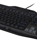 Certified Refurbished Gaming Keyboard With Bright Blue Backlight And Six Programmable Keys, showing keys and LED lights.
