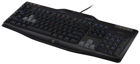 Certified Refurbished Gaming Keyboard With Bright Blue Backlight And Six Programmable Keys, showing keys and LED lights.
