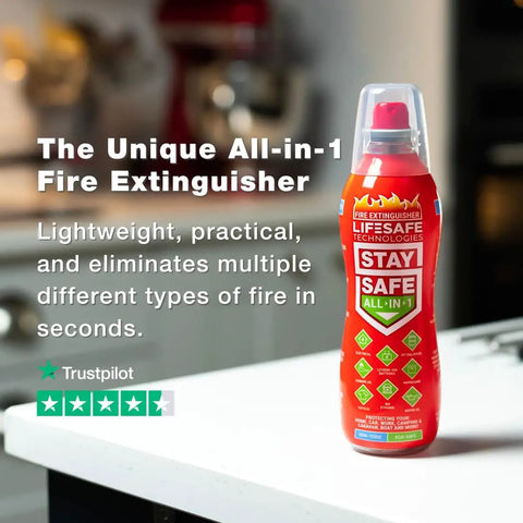 Real Deal Compact Fire Extinguishing Spray For Home And Vehicle Covers Ten Flame Types With Zero Sweat One Hand Operation and Smooth Non Toxic Bio Blend For Ultimate Peace Of Mind And Quick Suppression in kitchen.