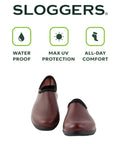Mens Heavy Duty Waterproof Slip On Shoes For Outdoor Work And Garden Rain Featuring A Built Tough Comfort Support Insole With Durable Leather Print Upper For A Good As Gold Ride - front view, brown slip-on design.