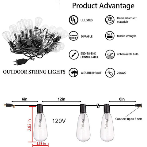 Diagram of 25 Ft Outdoor Edison Bulb String Lights With ST35 Style Bulbs Plus Two Extra Bulbs UL Listed For Indoor And Outdoor Decor