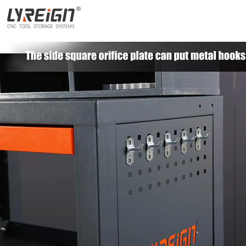 Side view of End Mill Organizer Cabinet For Cnc Tools And Consumables Drawer Type Storage with metal hooks on cold-rolled steel.