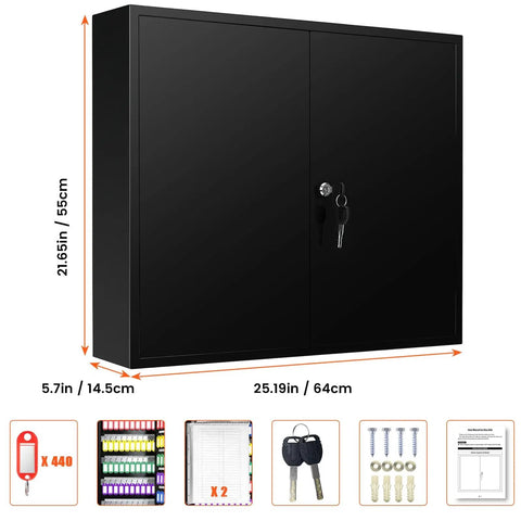 Front view of 440 Key Lock Box With Wall Mount And Dual Doors Beefy Heavy Duty Steel Key Cabinet, black color, with included accessories.