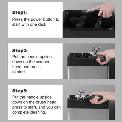 Automatic Electric Portafilter Cleaner Kit And Knock Box Ditch The Coffee Grounds Hassle Quick flip setup instructions with buttons.