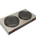 Heavy Duty Dual Plate Coffee Warmer Forged From Commercial Grade Stainless Steel Keeps The Daily Brew Piping Hot For Busy Cafes Buffets And Break Rooms No More Lukewarm Pot Serveware Just Steady Reliable Heat To Keep Service Flowing Smooth All Night Long, featuring two black warming plates.