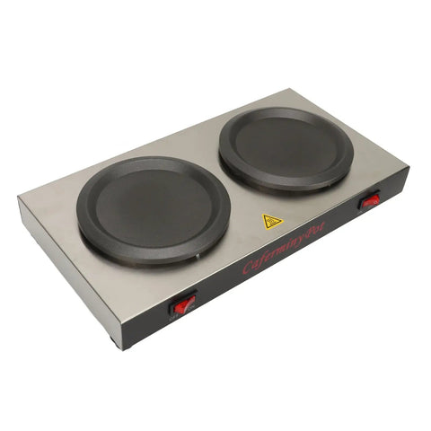 Heavy Duty Dual Plate Coffee Warmer Forged From Commercial Grade Stainless Steel Keeps The Daily Brew Piping Hot For Busy Cafes Buffets And Break Rooms No More Lukewarm Pot Serveware Just Steady Reliable Heat To Keep Service Flowing Smooth All Night Long, featuring two black warming plates.