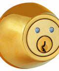 Polished brass finish of remote control electronic dead bolt for standard doors; bump-resistant key cylinders visible.