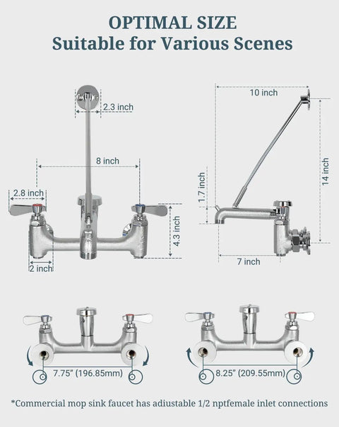 Commercial Mop Sink Faucet With Vacuum Breaker, Wall Mount Utility Sink Faucet, 8 Inch Adjustable Center, Pail Hook, Built Tough Brass