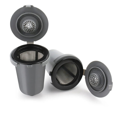 Reusable Filter Cup For Cuisinart HomeBarista Coffee Maker Gray 2 Pack, open view showing mesh filter and lid