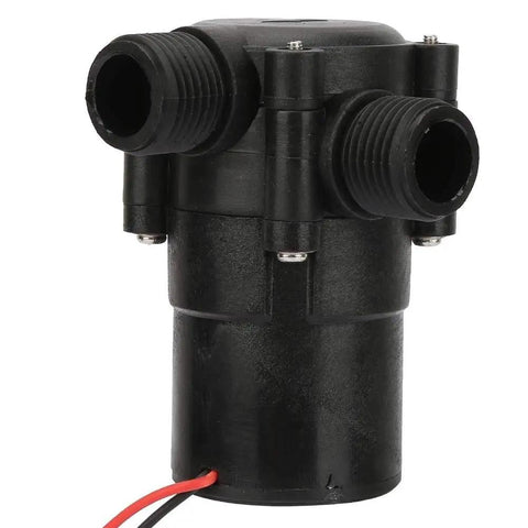 Hydroelectric Micro-Hydro Turbine Generator for Piped Water Systems shown in black, dual magnetic clutch, compact design