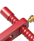 Close-up of red Adjustable MFT Bench Clamp For Woodworking With 19mm Aluminum Alloy Dog Hole Clamp Sturdy Abrasion Resistant CNC Machined.