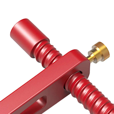 Close-up of red Adjustable MFT Bench Clamp For Woodworking With 19mm Aluminum Alloy Dog Hole Clamp Sturdy Abrasion Resistant CNC Machined.