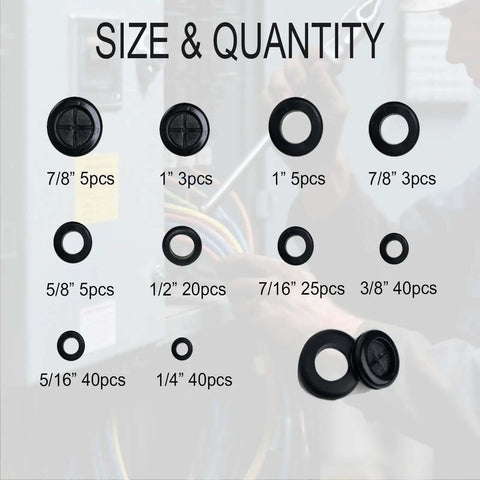 Assorted sizes of firewall hole plugs from the 188Pcs Rubber Grommets Kit In 10 Sizes With Firewall Hole Plugs Assortment For Wires Electrical
