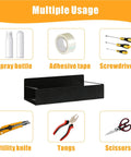 Six Pack Magnetic Aerosol Can Holders with two sizes and four hooks next to tools like scissors, utility knife, and screwdrivers.