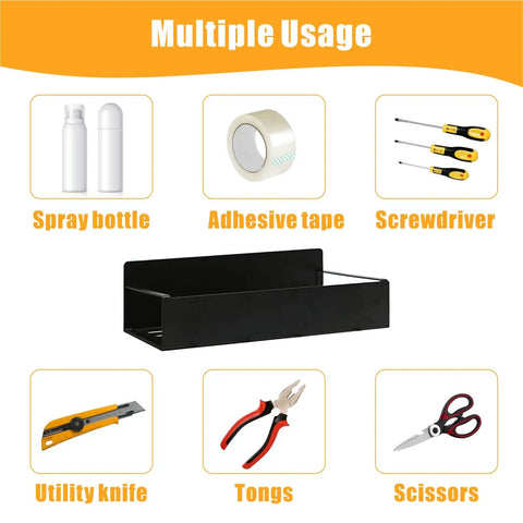 Six Pack Magnetic Aerosol Can Holders with two sizes and four hooks next to tools like scissors, utility knife, and screwdrivers.