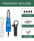 Heavy Duty Rivet Gun Adapter Kit For Cordless Drill With Removable Handle And 100 Piece 4.0 mm Pop Rivet Set showing wrench, heads, and handle.