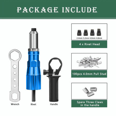 Heavy Duty Rivet Gun Adapter Kit For Cordless Drill With Removable Handle And 100 Piece 4.0 mm Pop Rivet Set showing wrench, heads, and handle.