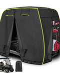 Universal 2 To 4 Passenger Golf Cart Cover With Reflective Strips All Weather Protection Waterproof Snowproof Windproof Sunproof Fits Most Major Golf Carts 112 Inch Long 48 Inch Wide 67 Inch High For Extended Roof Models No Fuss showing rear with zippers open for access