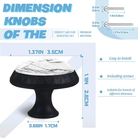Totally Fresh White And Black Marble Crystal Cabinet Knobs Mushroom Drawer Pulls For Kitchen Bathroom Decor Slick Design Includes Screws, showing dimensions.