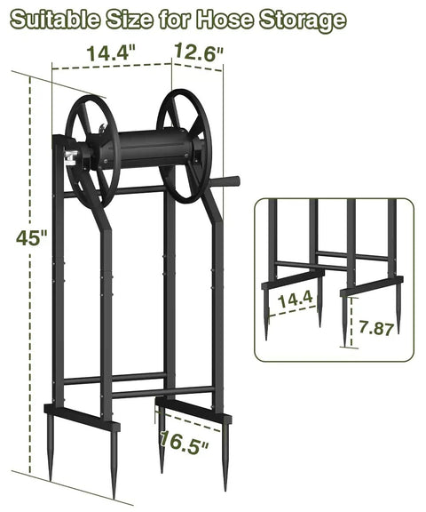 Diagram showing dimensions of 4-Spike Garden Hose Reel With 3.9 Ft Leader Hose And Stainless Fitting for outdoor use.