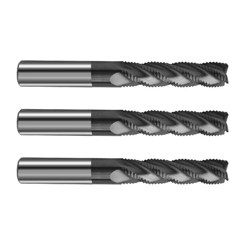 Three Pack Half Inch Carbide Roughing End Mills For Steel With Four Flutes 35 Degree Helix Nano Coated ALCrSiN CNC Router Bits