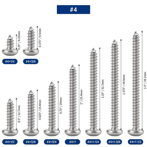 200 Pack Size 4 X 1/2 Inch Torx T10 Pan Head Self Tapping Sheet Metal Screws displayed in various lengths and measurements.