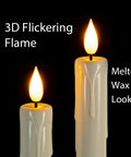 Flameless Taper Candles With Remote Timer And Dimmer Ivory Battery Operated Candle Sticks With Flickering Plastic Led Light For Window Decor 9.6 Inches Dope Halloween And Christmas showing realistic flame and melted wax look.