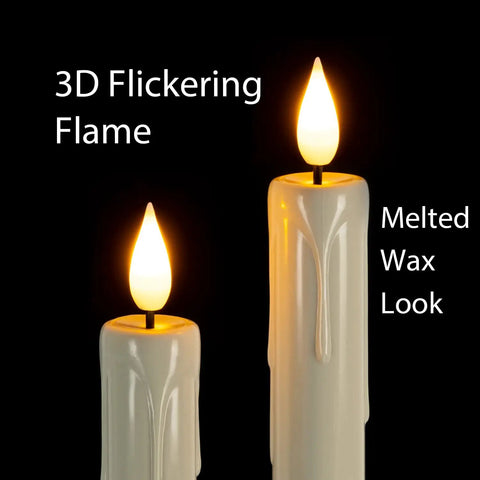 Flameless Taper Candles With Remote Timer And Dimmer Ivory Battery Operated Candle Sticks With Flickering Plastic Led Light For Window Decor 9.6 Inches Dope Halloween And Christmas showing realistic flame and melted wax look.