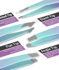 Close-up of pointed, slant, flat, and angled tweezers from 7 Piece Eyebrow Tweezers Set With Curved Scissors And Eyebrow Razor For Ingrown Hair Removal