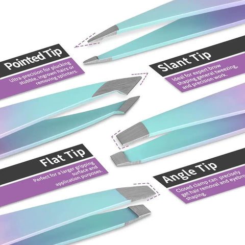 Close-up of pointed, slant, flat, and angled tweezers from 7 Piece Eyebrow Tweezers Set With Curved Scissors And Eyebrow Razor For Ingrown Hair Removal