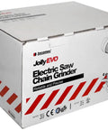 Heavy Duty Bench Grinder For Chainsaw Chain Sharpening Featuring Dead On Adjustable Vise Bright Work Light And Grinding Wheels packaging box.