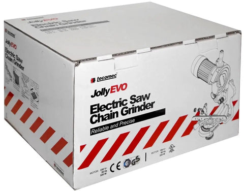 Heavy Duty Bench Grinder For Chainsaw Chain Sharpening Featuring Dead On Adjustable Vise Bright Work Light And Grinding Wheels packaging box.