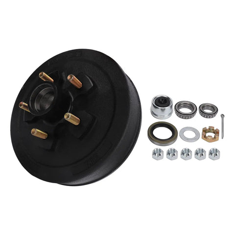 Top Shelf 10 Inch Heavy Duty Trailer Brake Hub Drum Assembly with hardware for 3500 lb axles, featuring five on 4.5 bolt pattern.
