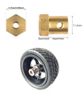 Close-up of Ten Pack 3.17mm Brass Hex Shaft Coupling Flexible Motor Coupler with wheel showing size and dimensions for DC motors.