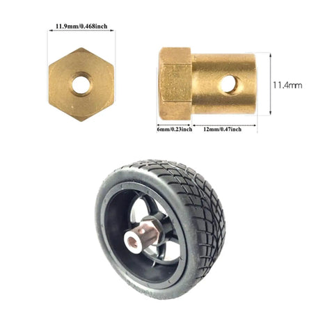 Close-up of Ten Pack 3.17mm Brass Hex Shaft Coupling Flexible Motor Coupler with wheel showing size and dimensions for DC motors.