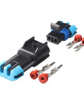 Premium 2 Pin GM Weather Pack Connector Kit Featuring Durable Male And Female Waterproof Plugs For Sensor Fan Wiring With Exact Fit 15300002 15300027 Hoses, black and blue connectors with terminals