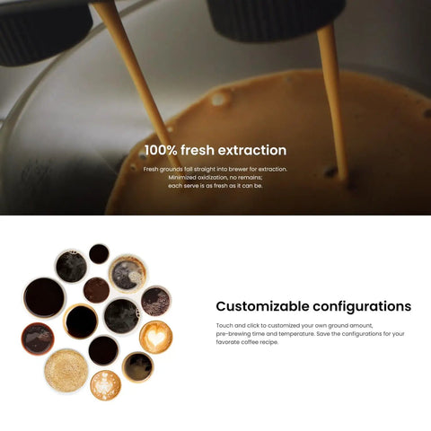 Close-up of coffee being brewed by Boss Grade Super Automatic Espresso Machine With Auto Clean Milk System For Latte And Cappuccino 9 Grind Size Options Ideal For Office VIP Lounge And Business Black with 100% fresh extraction and customizable configurations displayed below the brew.